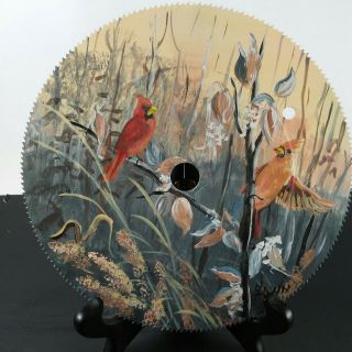 Vtg 7 " Hand Painted Circular Saw Blade Cardinals In Brush Scene Folk Art Signed