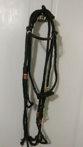 Vintage Braided Leather & Rawhide Western Horse Bridle & Reins Set -