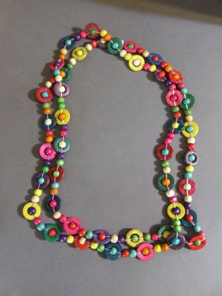 Long Vintage Boho Bright Multi Color Painted Wooden Bead Necklace 60 "