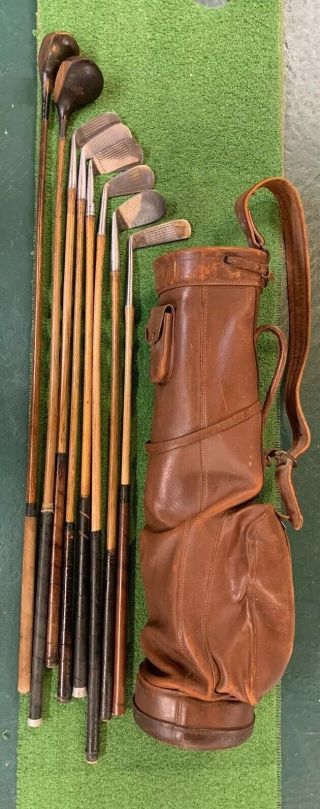 8 Antique Hickory Wood Shaft Golf Clubs And Vintage All Leather Stovepipe Bag