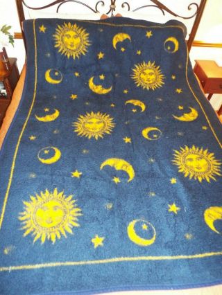 Vintage Biederlack Celestial Plush Throw Blanket Sun/moon/stars Blue & Yellow