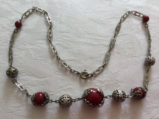 Czech Filigree Art Deco Vintage Burgundy Beaded Necklace C1930’s