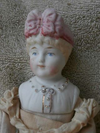 Pink Molded Bow Antique Parian Bonnet Head China Doll 12 "