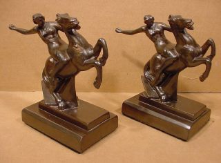 Antique Art Deco Woman On Rearing Horse Bronze Bookends