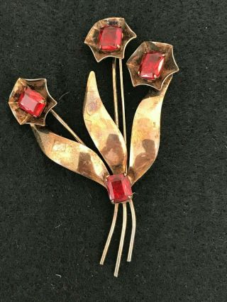 Vintage Ruby Red Emerald Cut Stone Marked Sterling Art Deco Brooch Pin Flower