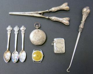 Group Of Antique British Sterling Silver Collectables & Vintage Rolex Spoons