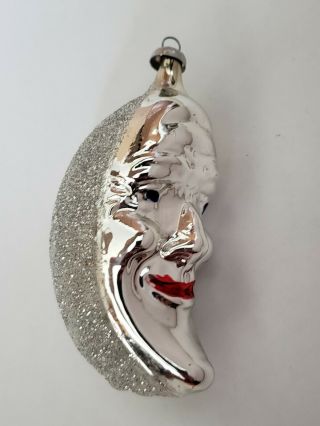 Vtg West Germany Glass Christmas Ornament Man In The Moon 3 - 1/2” Glitter Silver