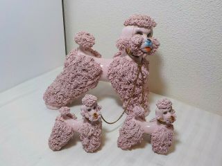 Vintage Pink Spaghetti Trim Large Poodle Dog With 2 Pups On A Chain