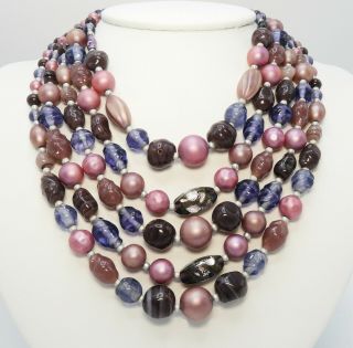 Vintage Five Strand Purple Glass And Pearl Bead Necklace - Pretty