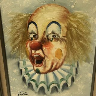 Vintage Clown Signed Oil Painting On Canvas By Justin 12x16 With Frame