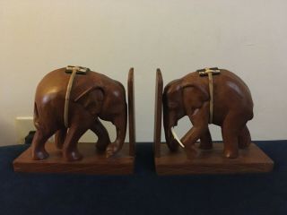 Vintage Set Pair Thailand Teak Wood Elephant Bookends Hand Carved Book Ends