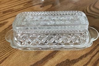 Vintage Crystal Glass Clear Covered Butter Dish Diamond Cut With Lid Bx1