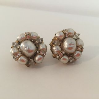 Signed Vintage Miriam Haskell Pearl & Rhinestone Gold Tone Cluster Clip Earrings