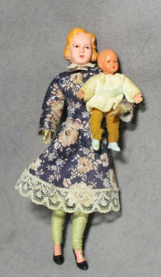Vintage Dollhouse Miniature Dolls - Caco Mom & Baby - Thread Wrapped Arms & Legs