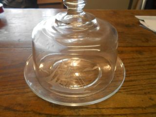Vintage Clear Glass W Etched Sail Boat Cheese Keeper Small Cake Server Nautical