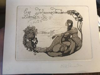 Antique Artist Otto Schneider Ex Libris Engraving Etching Bookplate Art Nouveau