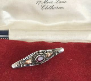 Vintage Sterling Silver & 18ct Gold With Ruby Red Gem Pin Brooch Unusual (d6c2)