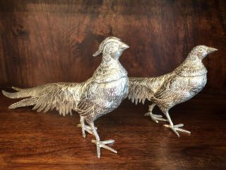 Good Large Vintage Italian Silver Plated Cock & Hen Pheasants Figurines