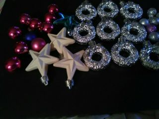 Vintage Plastic Mini Christmas Ornaments Stars,  Wreaths,  Small Balls 38.