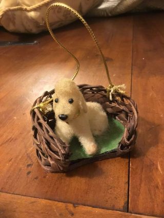 Vintage Christmas Ornament Flocked Poodle Dog In Basket Dog Bed