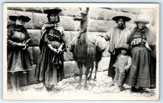 Vintage Rppc Postcard Cuzco Peru Natives Gather Around A Llama Real Photo