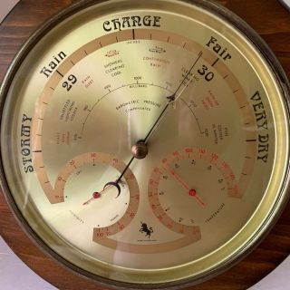 Barometer Weather Station England Wood/brass Unicorn Logo 12 " Round Vintage