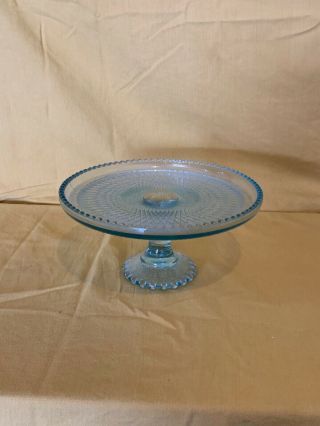 Vintage Glass Pedestal Cake Plate Stand Aqua Blue 3
