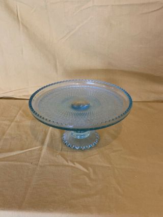 Vintage Glass Pedestal Cake Plate Stand Aqua Blue 3 2