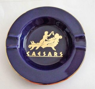 Vintage Caesars Palace Las Vegas Round Cobalt Blue Ashtray With Gold Trim