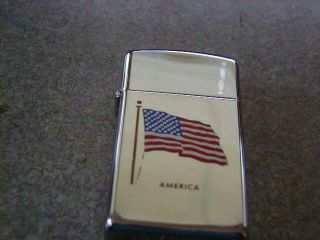 1995 Zippo Slim Lighter America & Flag As Intended Lights Up