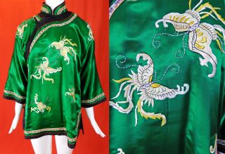 Antique Chinese Green Silk Yellow Embroidered Butterfly Robe Coat Jacket Vtg