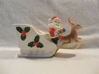 Vintage Japan Christmas Ceramic Santa Sleigh With Reindeer Planter X65 - 2/1