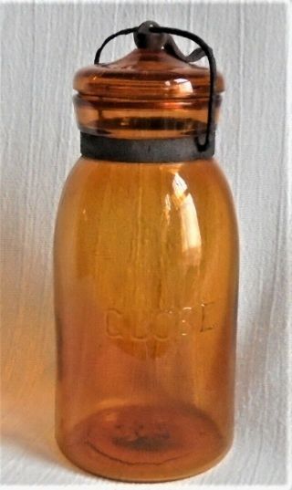 Antique Globe Amber 1 Quart 31 Canning/fruit Jar W/metal Bale & Glass Lid