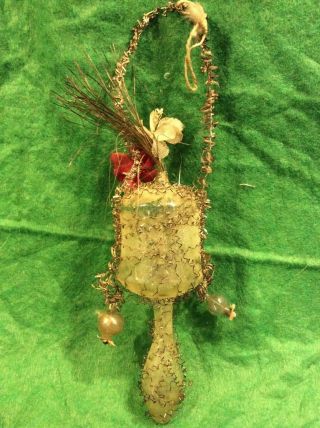 Antique German Blow Victorian Wire Wrapped Ornament With Silk Flowers