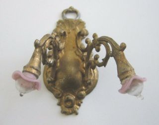 Antique German Doll House Miniature Gilt Painted Pewter Double Sconce Pink Shade