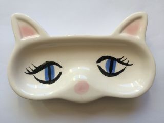 Cat Eyes Kitten Face Eyeglass Holder Trinket Dish Painted Ceramic Vtg ? Sm Chips