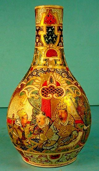 Antique Japanese Meiji Period Satsuma Earthenware Bottle Form Cabinet Vase