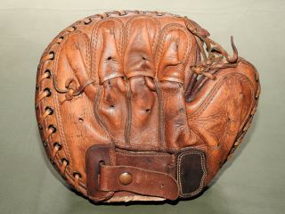 Vtg 1940s SNAP CLOSURE WRIST STRAP CATCHER ' S MITT Antique Leather Baseball Glove 3
