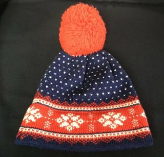 Vtg Top Notch Knits 100 Wool Stocking Ski Cap Hat Beanie Red White Blue Pom Pom