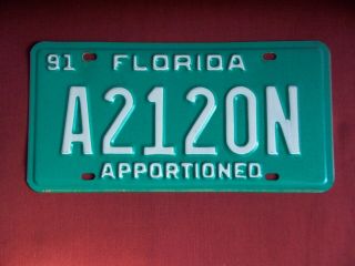 1991 Florida Apportioned License Plate A2120n Exc Cond Slight Paint Error On N