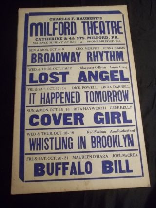 Vintage Milford Theatre Pa Lobby Card/sign Cover Girl Rita Hayworth Gene Kelly