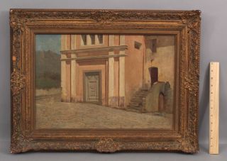 19thc Antique Signed ??? Italian Architectural Building & Door Oil Painting,  Nr
