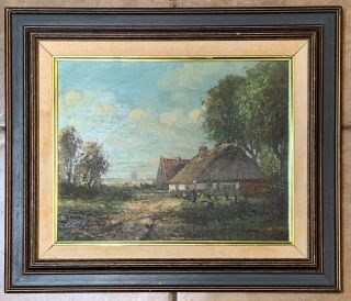 Antique Dutch Landscape Village Windmill Oil Painting On Board Signed J.  Vos ??