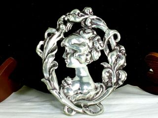 Vtg Art Nouveau Style Repousse Brooch Pin Profile Maiden Lady Goddess Floral