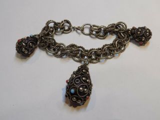 Vintage Silver Etruscan Jeweled 3 Fob Charms Bracelet