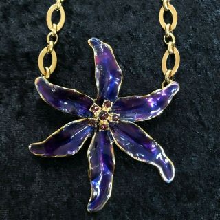Vintage Kenneth Lane Kjl Large Purple Flower Necklace On Gold Tone Link Chain