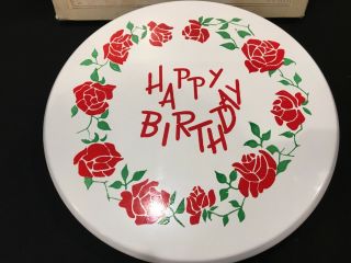 Vtg Metal Tin Rotating Musical Cake Plate Happy Birthday W/box Red Roses