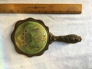 Antique Art Nouveau Hand Mirror: Domed Green Glass,  Enamel Gold Handpainted 10”