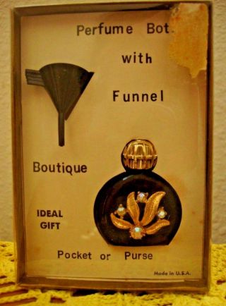 Collectible Vintage Miniature Perfume Bottle W/funnel,  Black W/faux Jewels,  1.  75