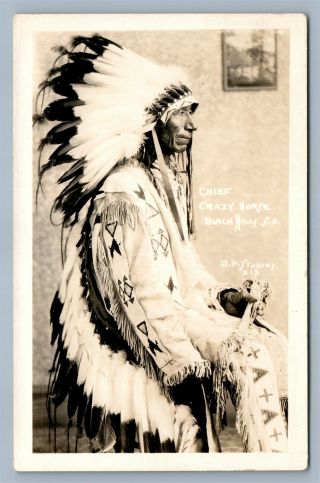 American Indian Chief Crazy Horse Black Hills Antique Real Photo Postcard Rppc